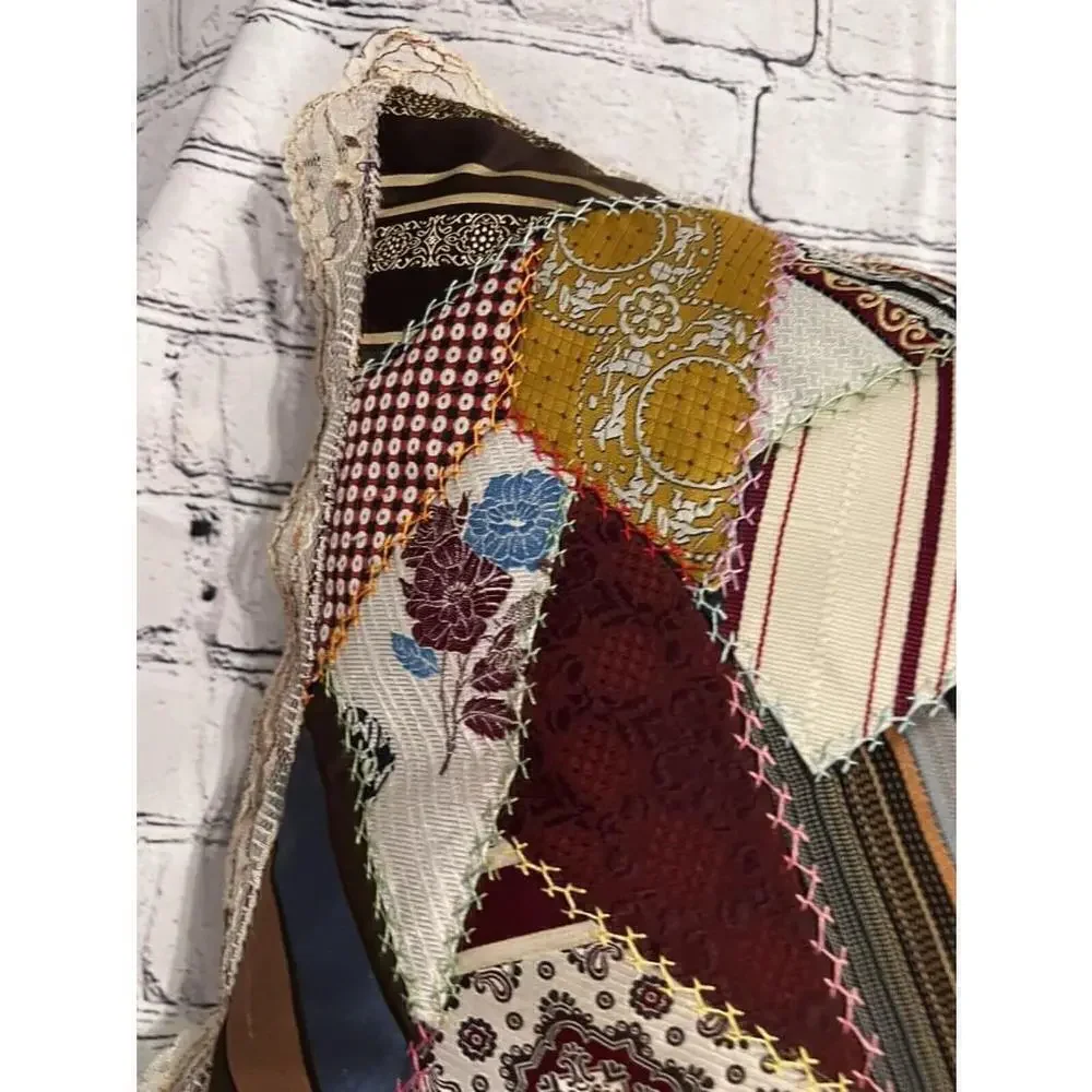 Vintage Crazy Quilt Accent Pillow Patchwork Velvet Back Embroidery Handmade
